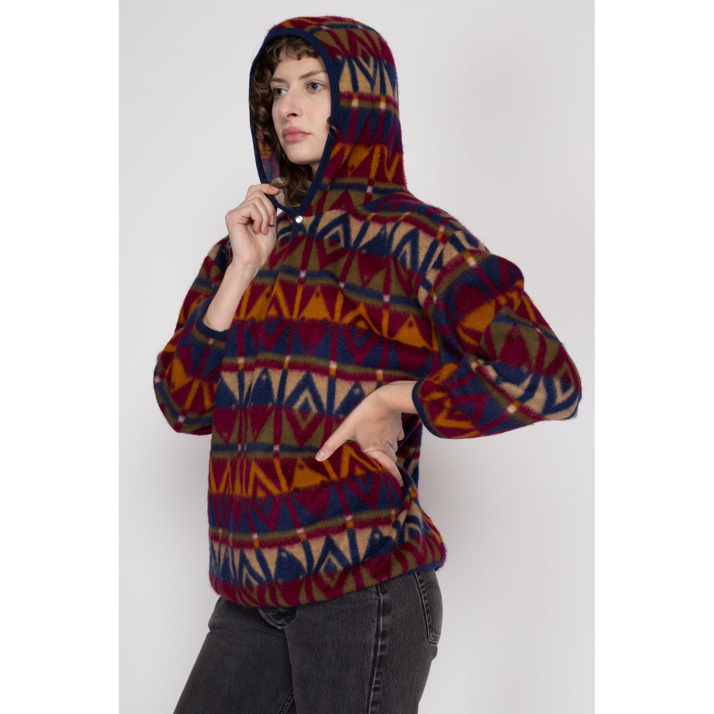 Large 90s Jordache Fleece Hooded Sweatshirt Petite | Vintage Southwestern All Over Print Winter Soft Jacket