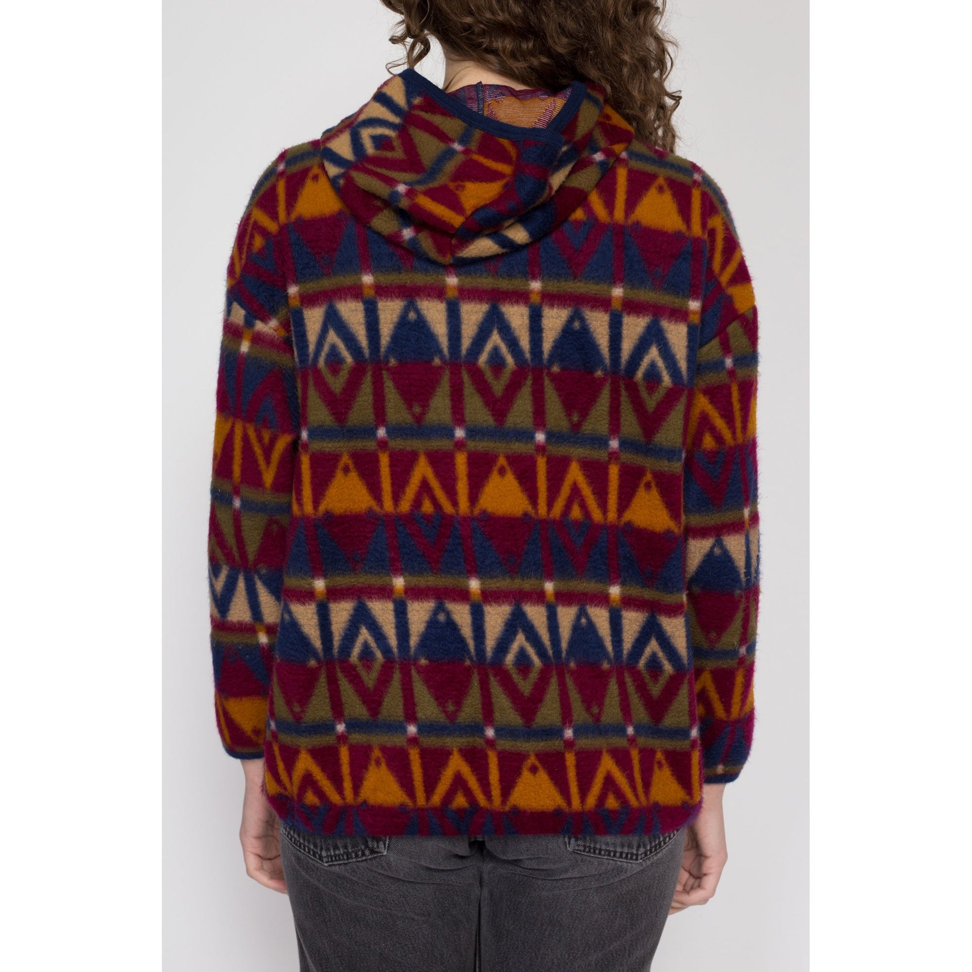 Large 90s Jordache Fleece Hooded Sweatshirt Petite | Vintage Southwestern All Over Print Winter Soft Jacket
