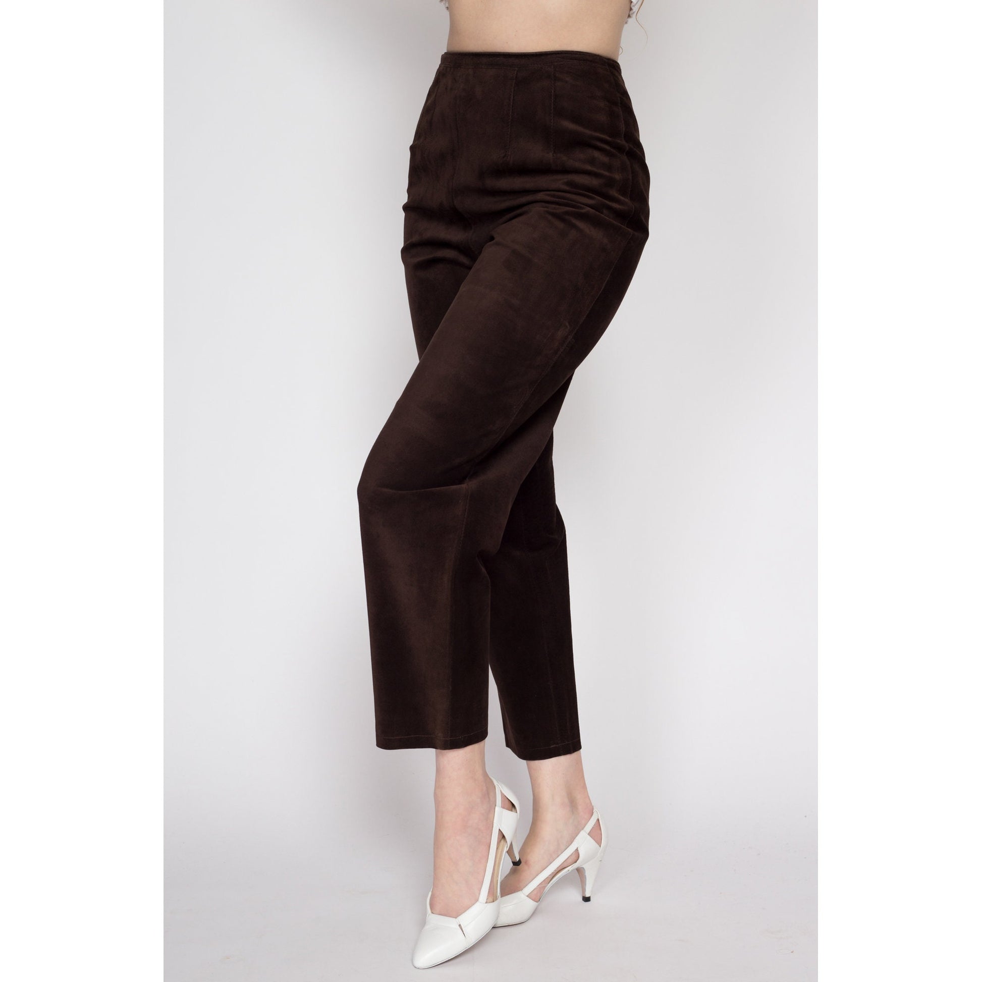 Small 90s Brown Suede High Waisted Trousers 26" | Vintage Ann Taylor Leather Tapered Leg Ankle Pants