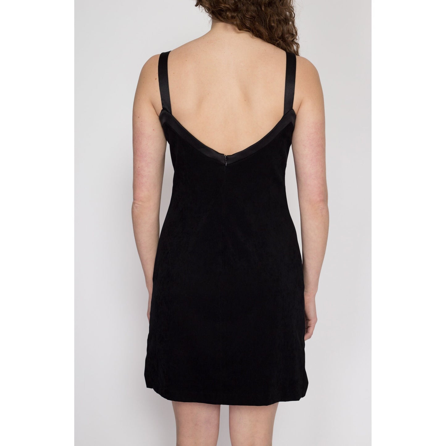 Medium 90s Black Ultrasuede Low Back Mini Cocktail Dress | Vintage Sleeveless Square Neck A Line Party Dress