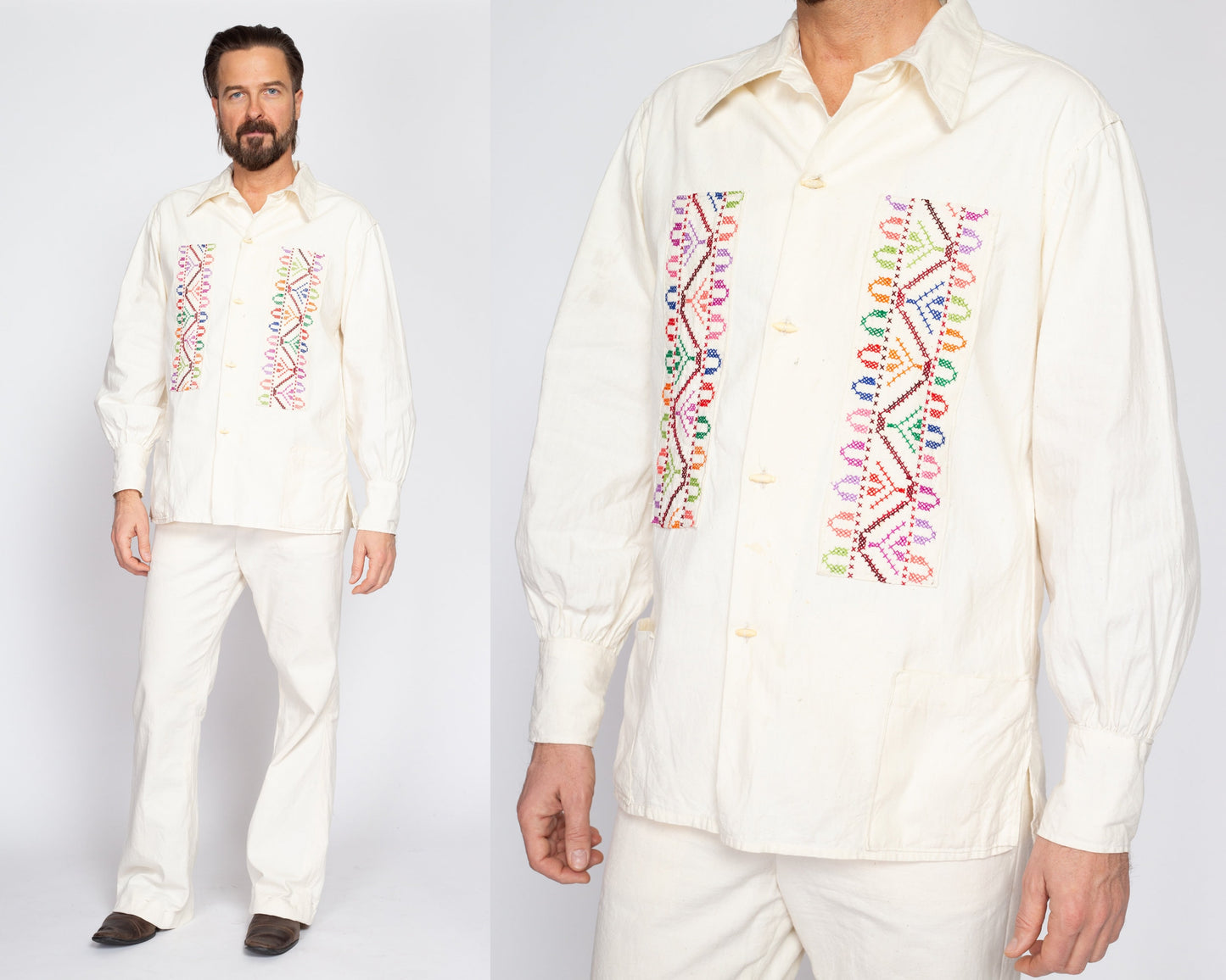 Medium 60s 70s Embroidered Mexican Shirt & Trousers Set 35" Waist | Vintage White Cotton Toggle Button Up Matching Two Piece Hippie Outfit