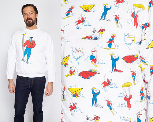 Small 80s Reversible Ski Graphic Sweatshirt | Vintage White Winter Sports All Over Print Graphic Puffy Pullover