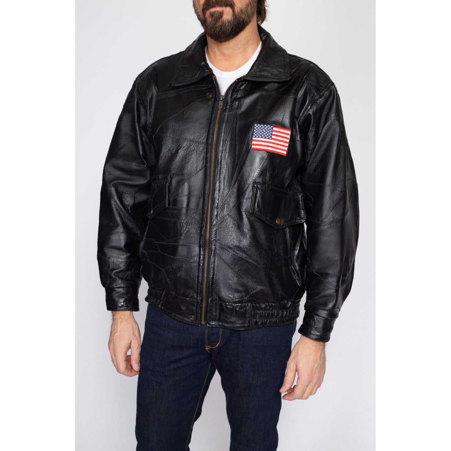 Medium 90s Black Patchwork Leather American Flag Moto Jacket | Vintage Eagle Patch Zip Up Motorcycle Biker Coat