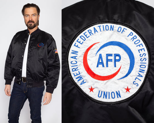 Large 90s American Federation Of Professionals Union Bomber Jacket | Vintage Black Satin AFP Snap Up Varsity Logo Coat