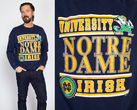 Large 90s University Of Notre Dame Fighting Irish Sweatshirt | Vintage Logo 7 Navy Blue Collegiate Crew Neck Pullover