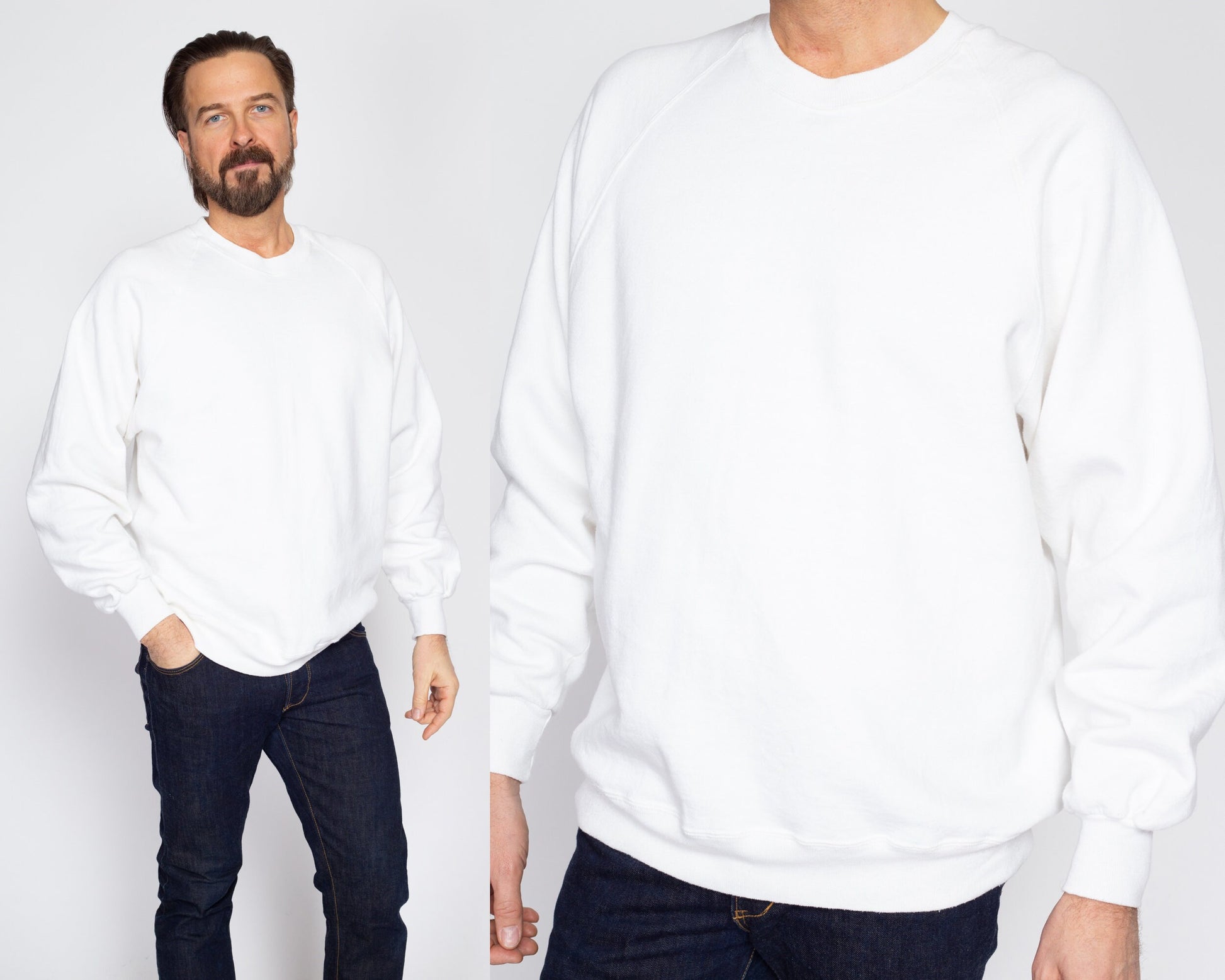 XL 90s White Raglan Sleeve Crewneck Sweatshirt | Vintage Men's Jerzees By Russell Blank Plain Pullover