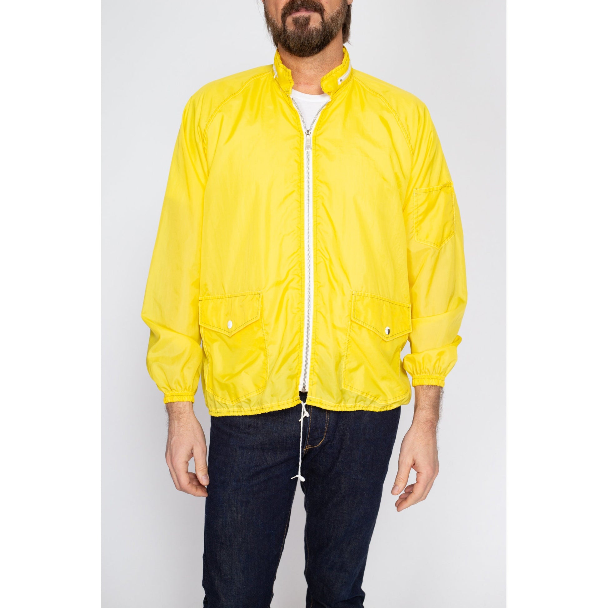 Large 70s Retro Yellow Hooded Windbreaker | Vintage Lightweight Zip Up Drawstring Waist Rain Jacket