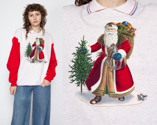 Large 90s Santa Claus Christmas Sweatshirt | Vintage Red Color Block Collared Graphic Pullover
