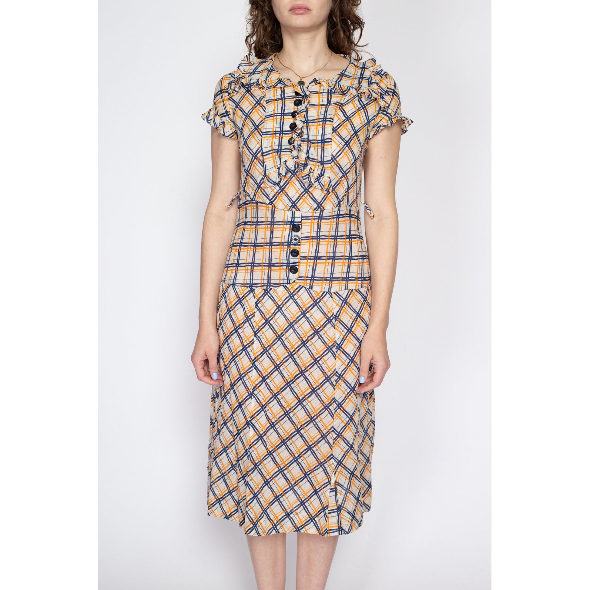Small 1930s Plaid Ruffle Drop Waist Day Dress | Vintage 30s 40s Collared Midi Shirtdress
