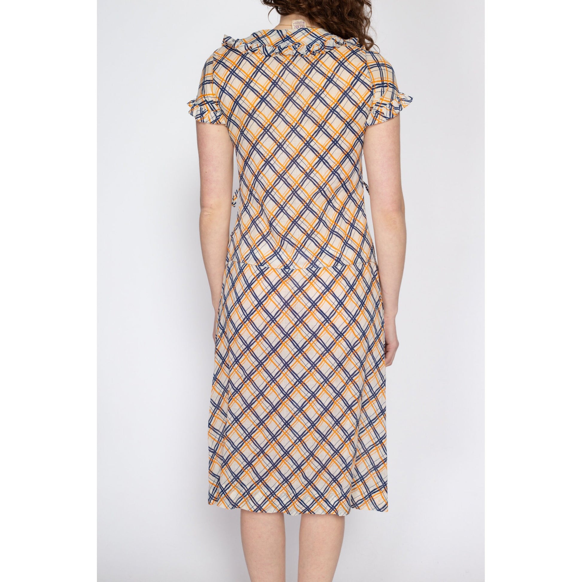 Small 1930s Plaid Ruffle Drop Waist Day Dress | Vintage 30s 40s Collared Midi Shirtdress