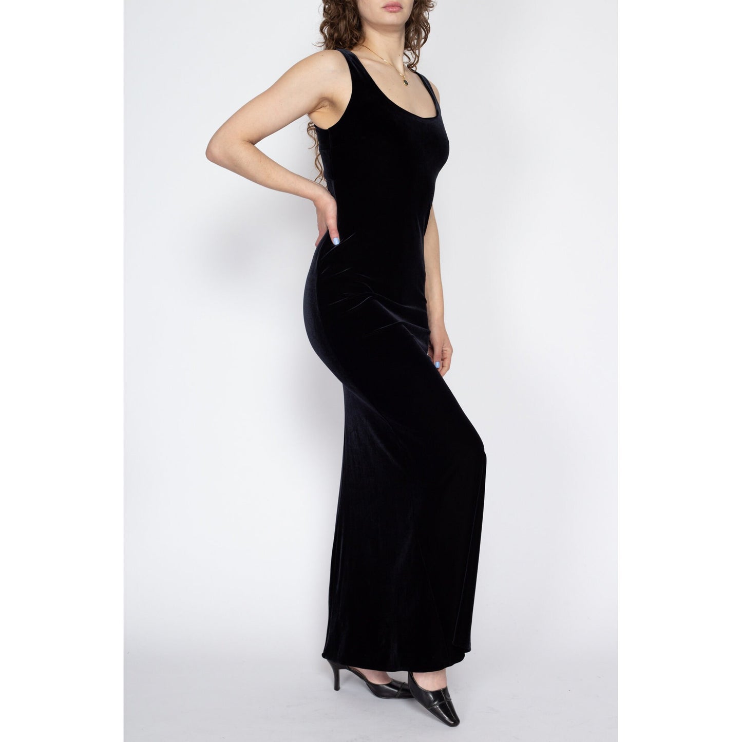 Medium 90s Black Velvet Keyhole Back Maxi Dress | Vintage Niki Livas Open Back Sleeveless Evening Gown