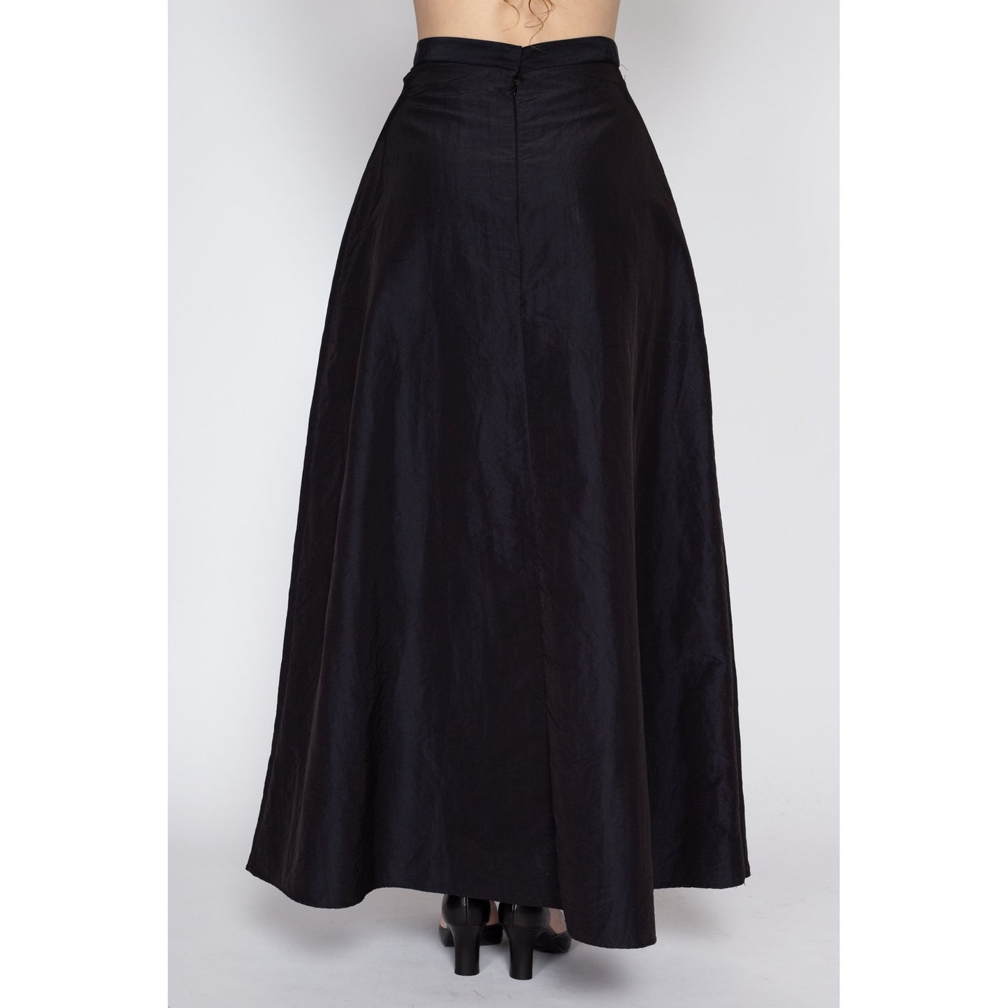 Sm-Med 90s Formal Black Taffeta Maxi Skirt | Vintage Floor Length High Waisted A Line Flowy Skirt