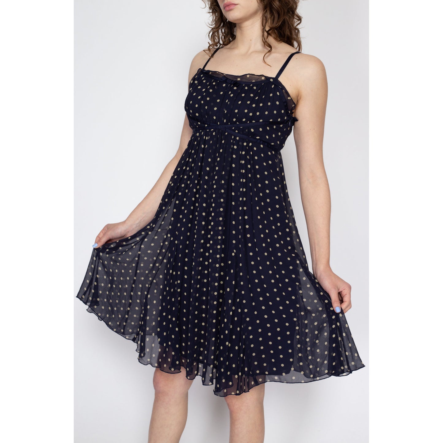 Petite Medium 90s Navy Blue Silk Polka Dot Babydoll Dress | Vintage Spaghetti Strap Crepe Mini Dress