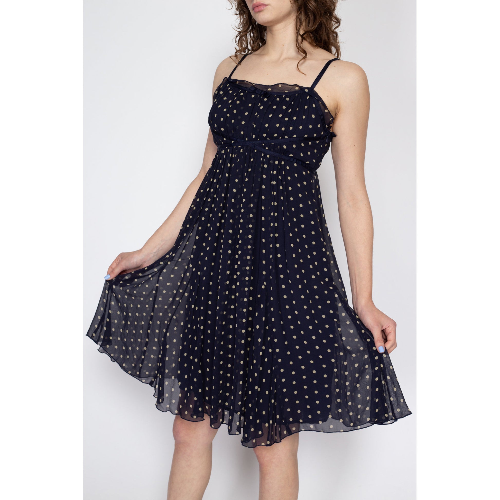 Petite Medium 90s Navy Blue Silk Polka Dot Babydoll Dress | Vintage Spaghetti Strap Crepe Mini Dress