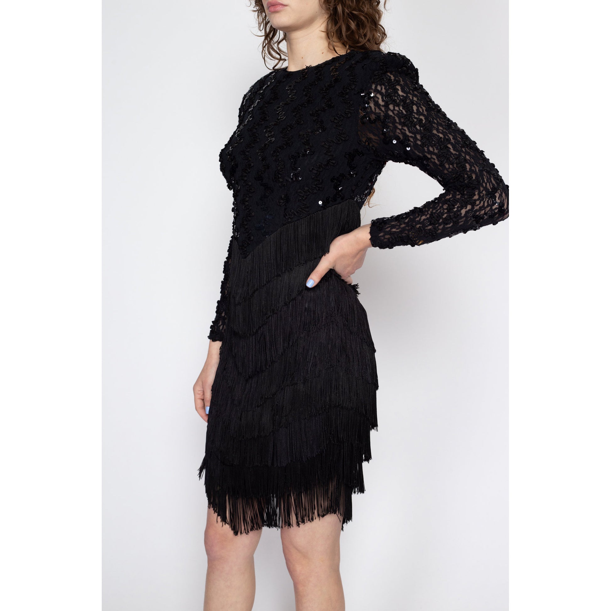 Sm-Med 80s Black Sequin Fringe Backless Party Dress