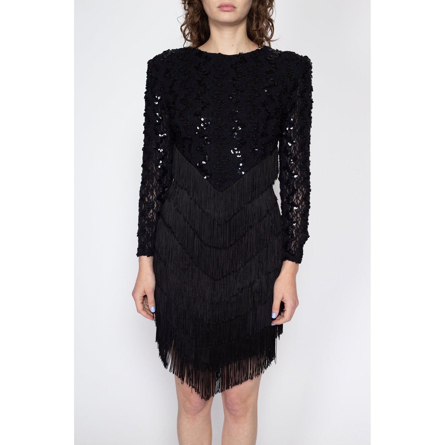 Sm-Med 80s Black Sequin Fringe Backless Party Dress | Vintage Keyhole Open Back Long Sleeve Mini Dress