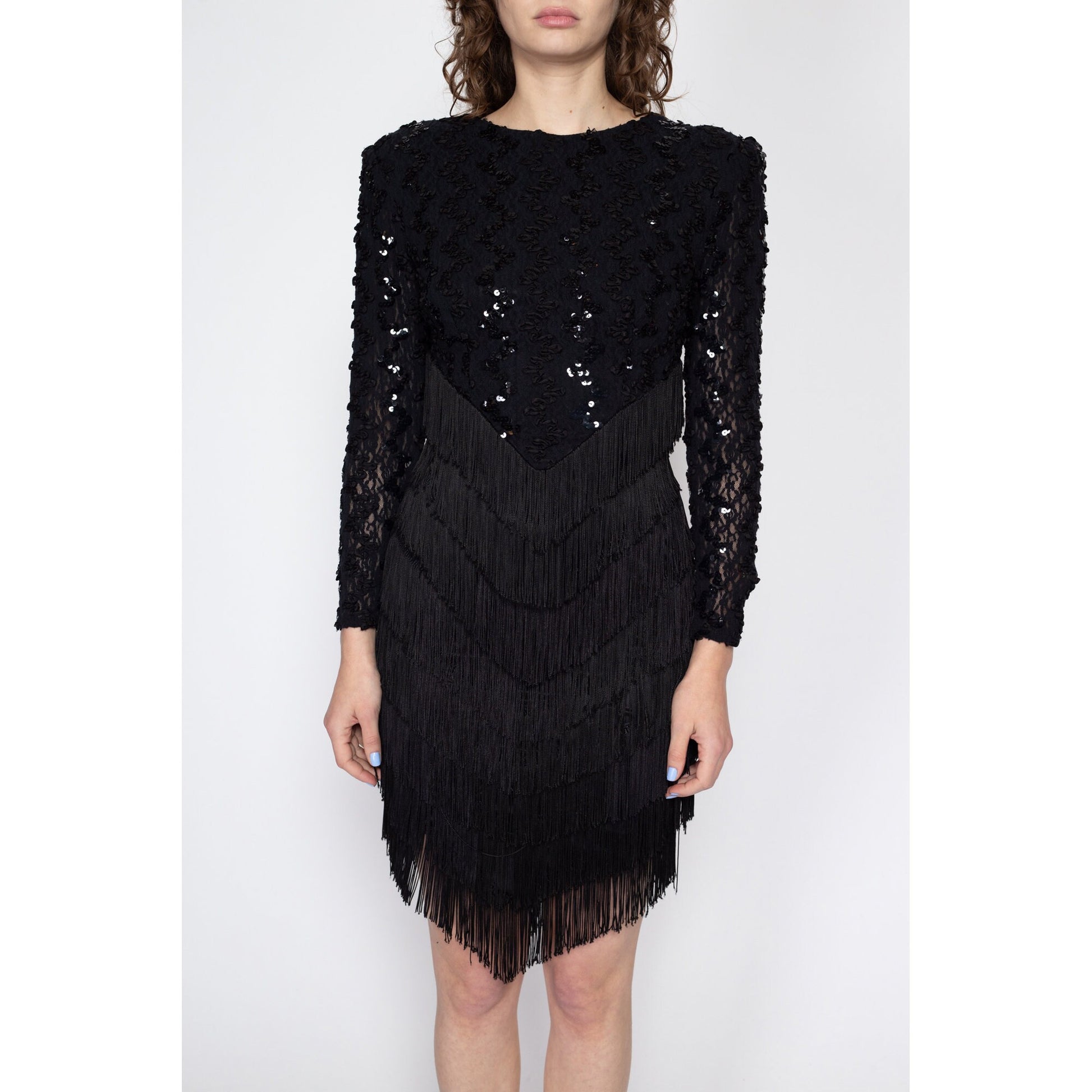 Sm-Med 80s Black Sequin Fringe Backless Party Dress | Vintage Keyhole Open Back Long Sleeve Mini Dress