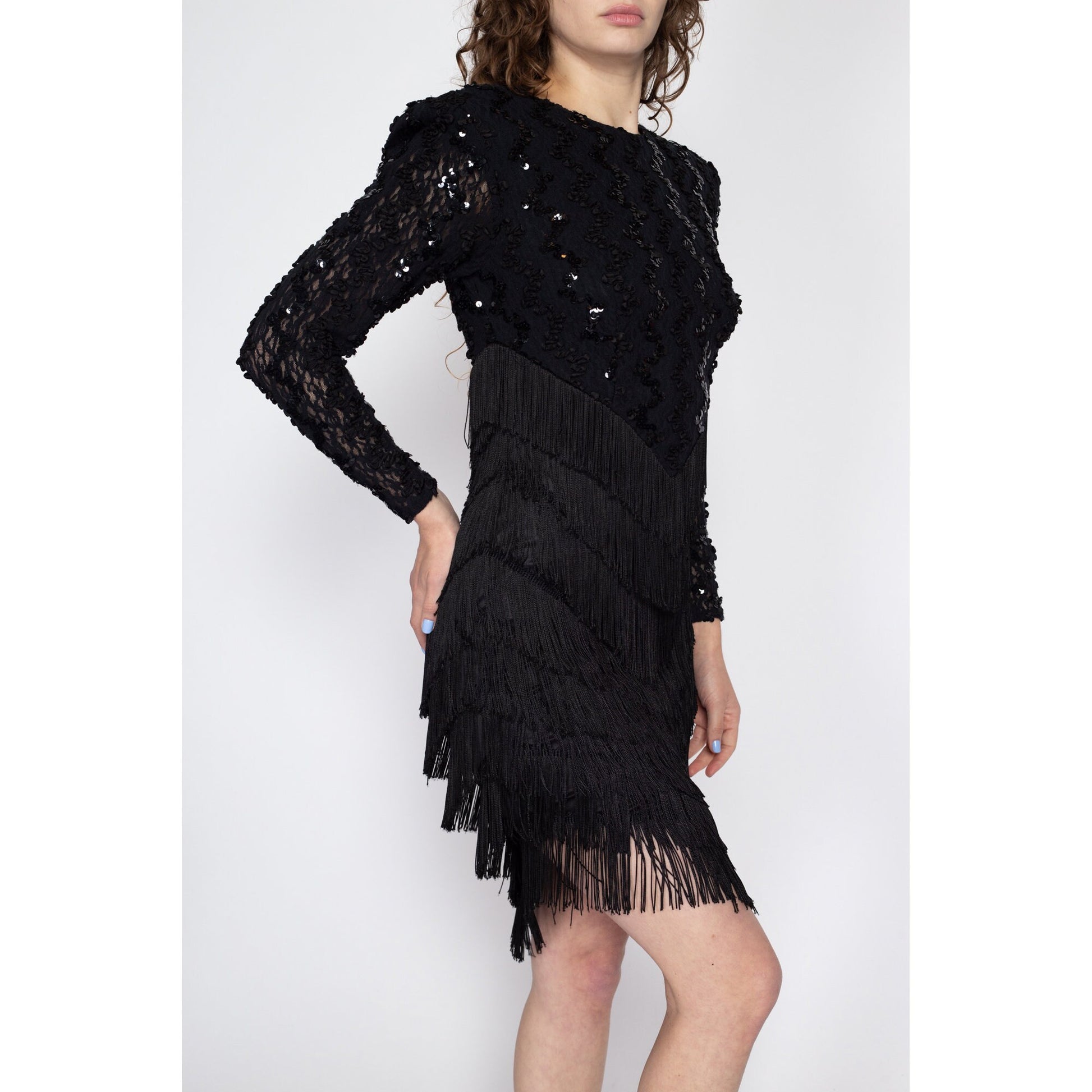 Sm-Med 80s Black Sequin Fringe Backless Party Dress | Vintage Keyhole Open Back Long Sleeve Mini Dress