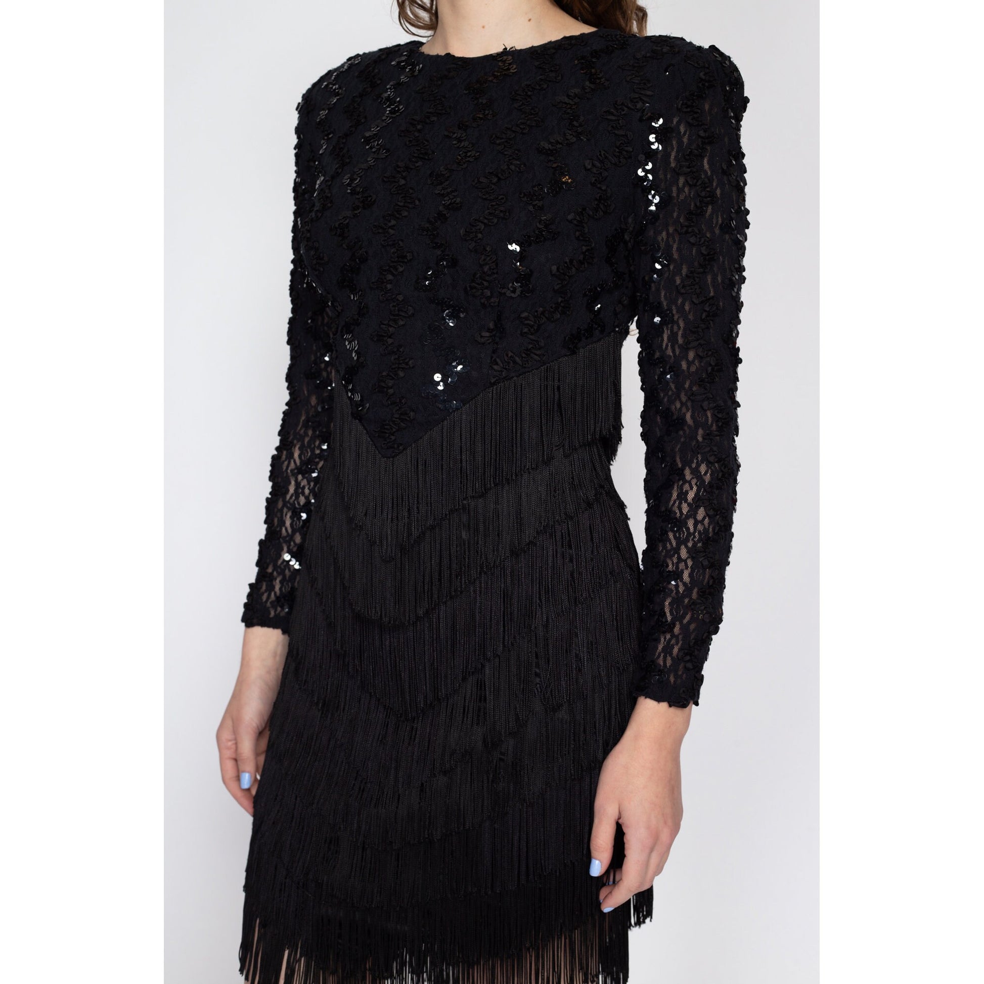 Sm-Med 80s Black Sequin Fringe Backless Party Dress Flying Apple Vintage Sm-Med 80s Black Sequin Fringe Backless Party Dress Flying Apple Vintage