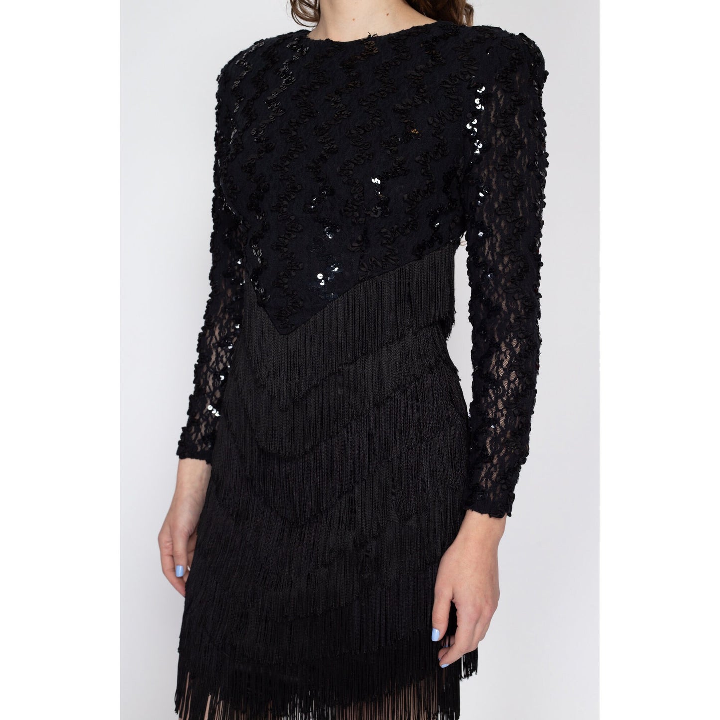 Sm-Med 80s Black Sequin Fringe Backless Party Dress | Vintage Keyhole Open Back Long Sleeve Mini Dress