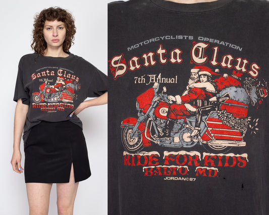 XL 80s Operation Santa Claus Biker T Shirt Unisex | Vintage Hit Me Holoubek Faded Black Ride For Kids Motorcycle Christmas Tee