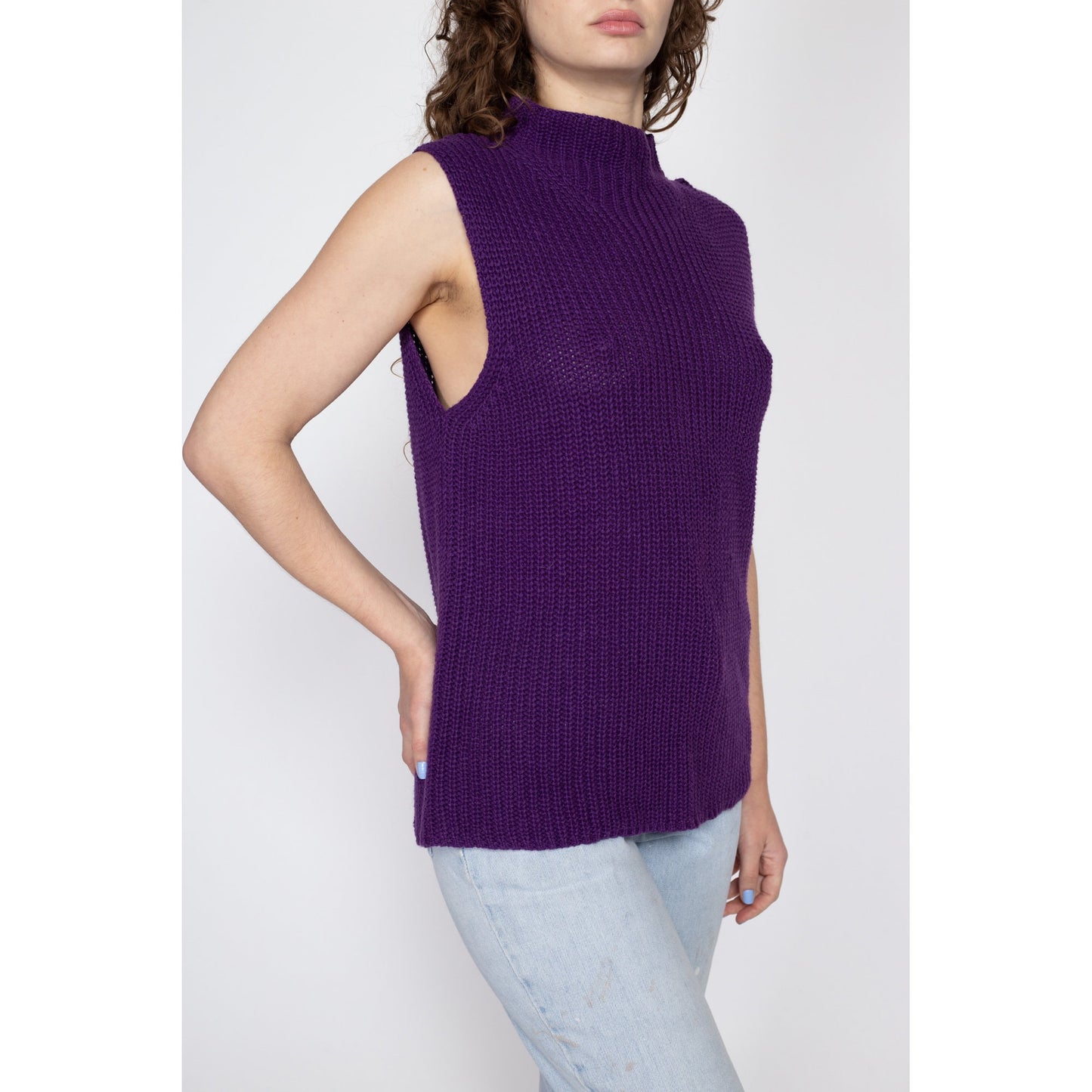 XL 80s Purple Knit Sleeveless Sweater | Vintage Mockneck Cotton Ramie Low Armhole Vest Top