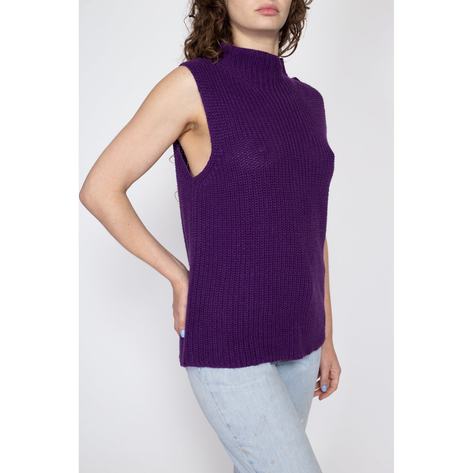 XL 80s Purple Knit Sleeveless Sweater | Vintage Mockneck Cotton Ramie Low Armhole Vest Top