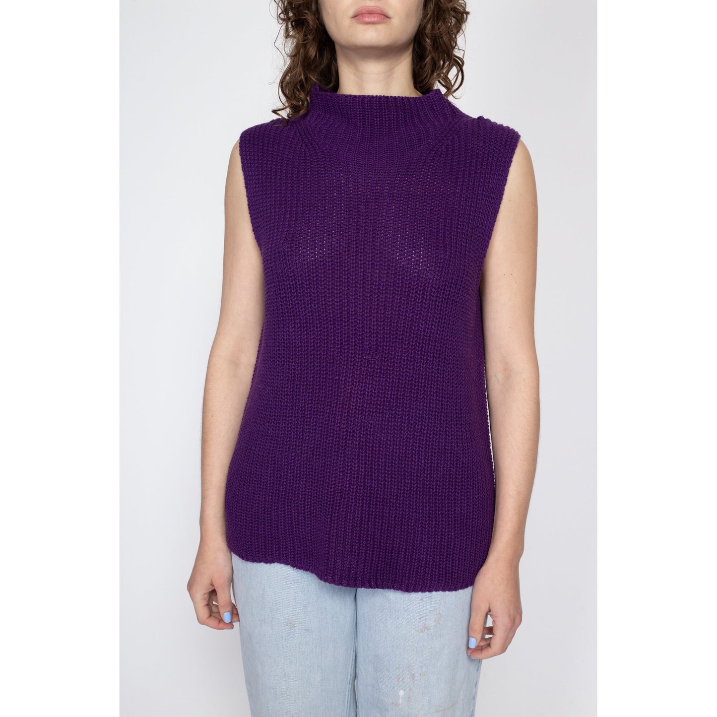 XL 80s Purple Knit Sleeveless Sweater | Vintage Mockneck Cotton Ramie Low Armhole Vest Top