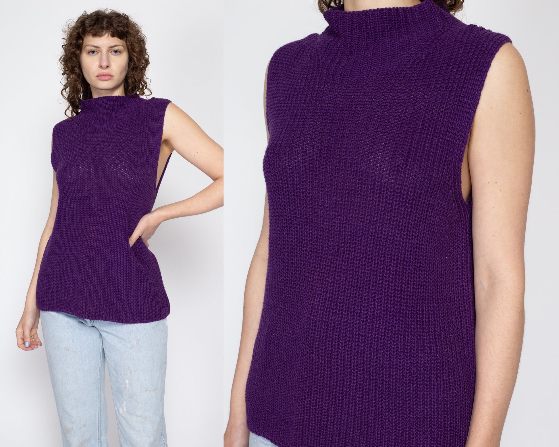 XL 80s Purple Knit Sleeveless Sweater | Vintage Mockneck Cotton Ramie Low Armhole Vest Top