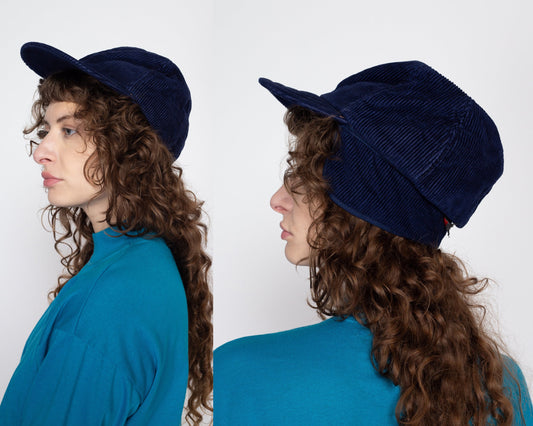 Small 80s Navy Blue Corduroy Hunting Cap | Vintage Thermal Ear Flap Hat