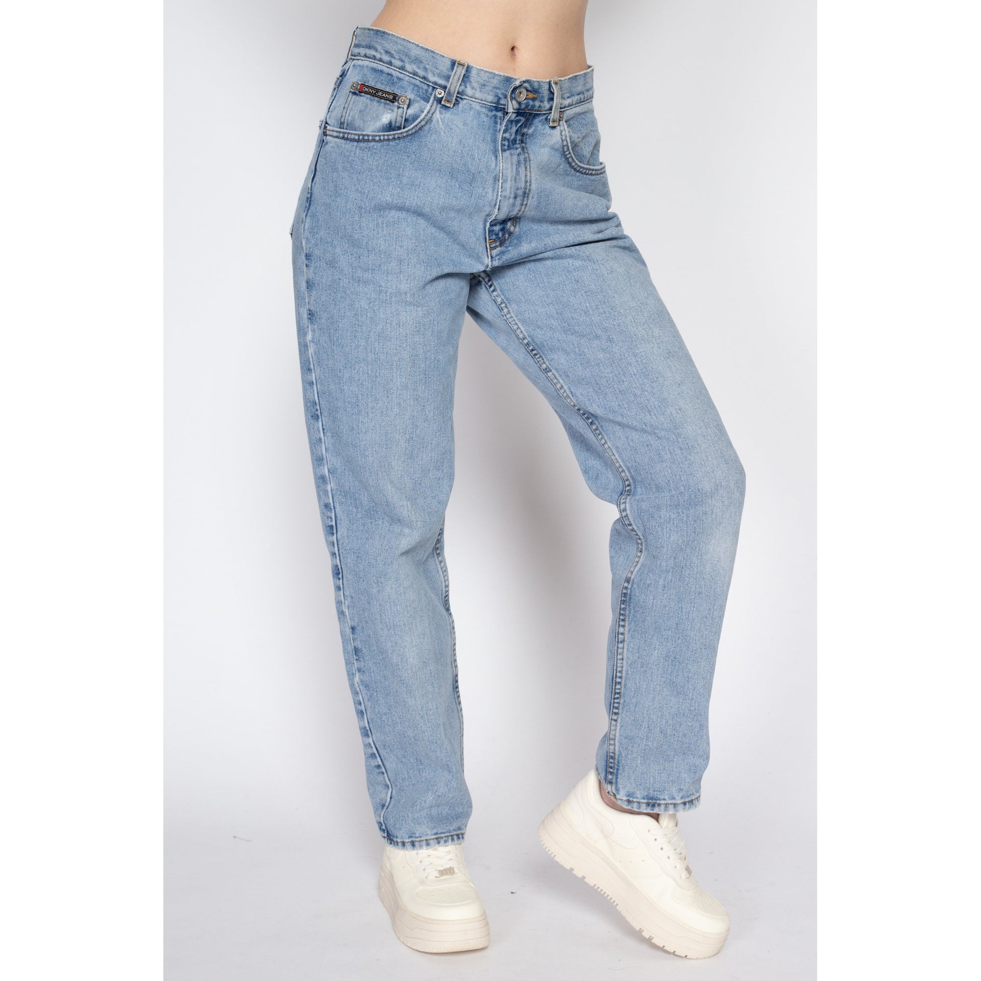 Large 90s DKNY High Waisted Mom Jeans 31" | Vintage Light Wash Denim Tapered Leg Jeans