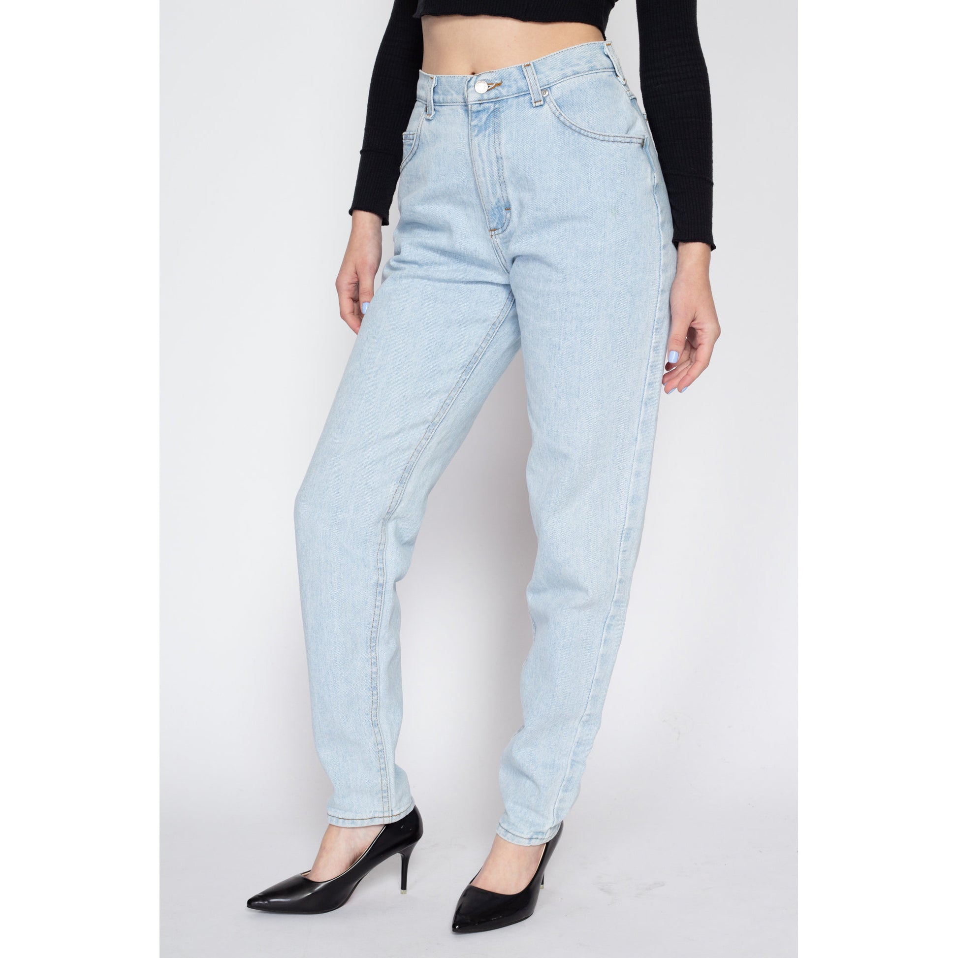 Small 90s Lee High Waisted Light Wash Jeans 27" | Vintage Denim Tapered Leg Mom Jeans