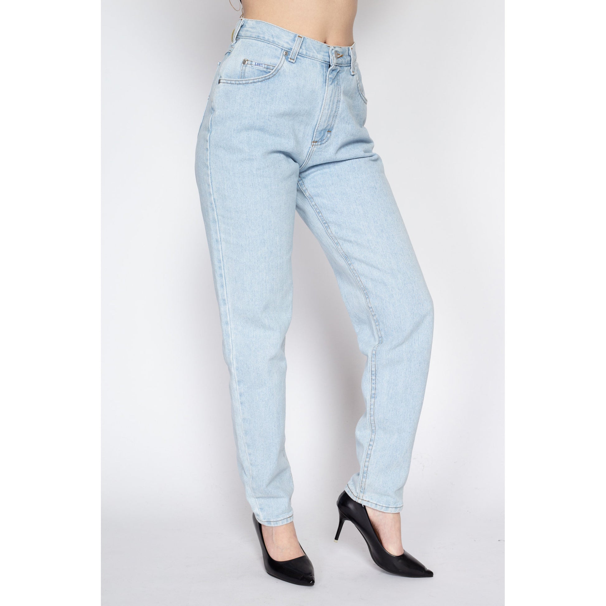 Small 90s Lee High Waisted Light Wash Jeans 27" | Vintage Denim Tapered Leg Mom Jeans