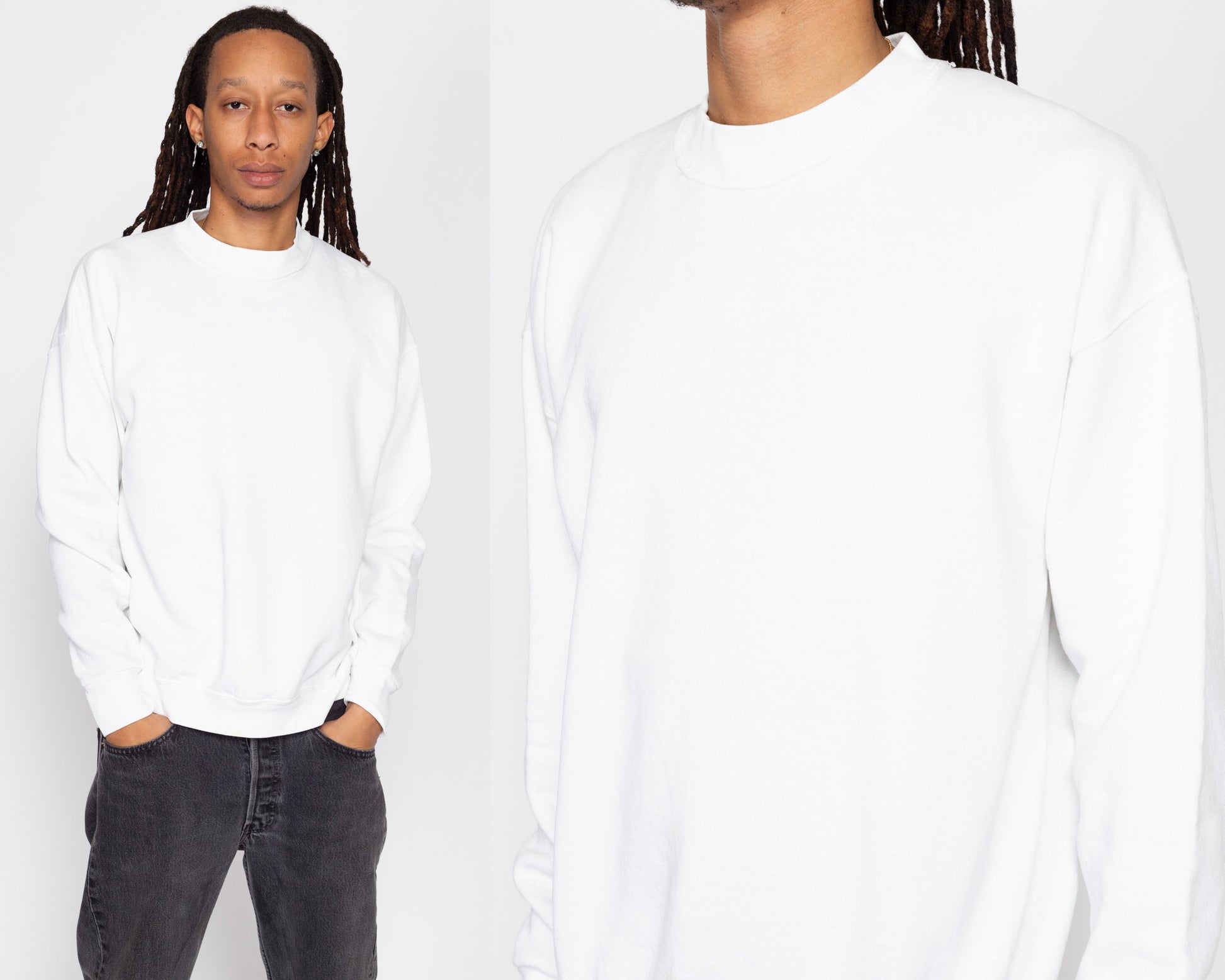 Lrg-XL 90s White Crewneck Sweatshirt | Vintage Men's Blank Plain Pullover