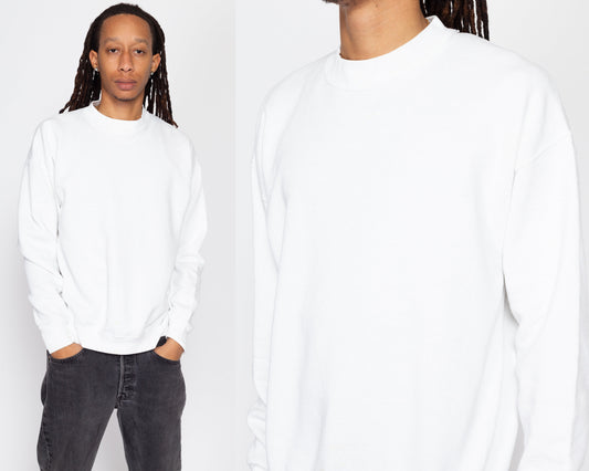Lrg-XL 90s White Crewneck Sweatshirt | Vintage Men's Blank Plain Pullover