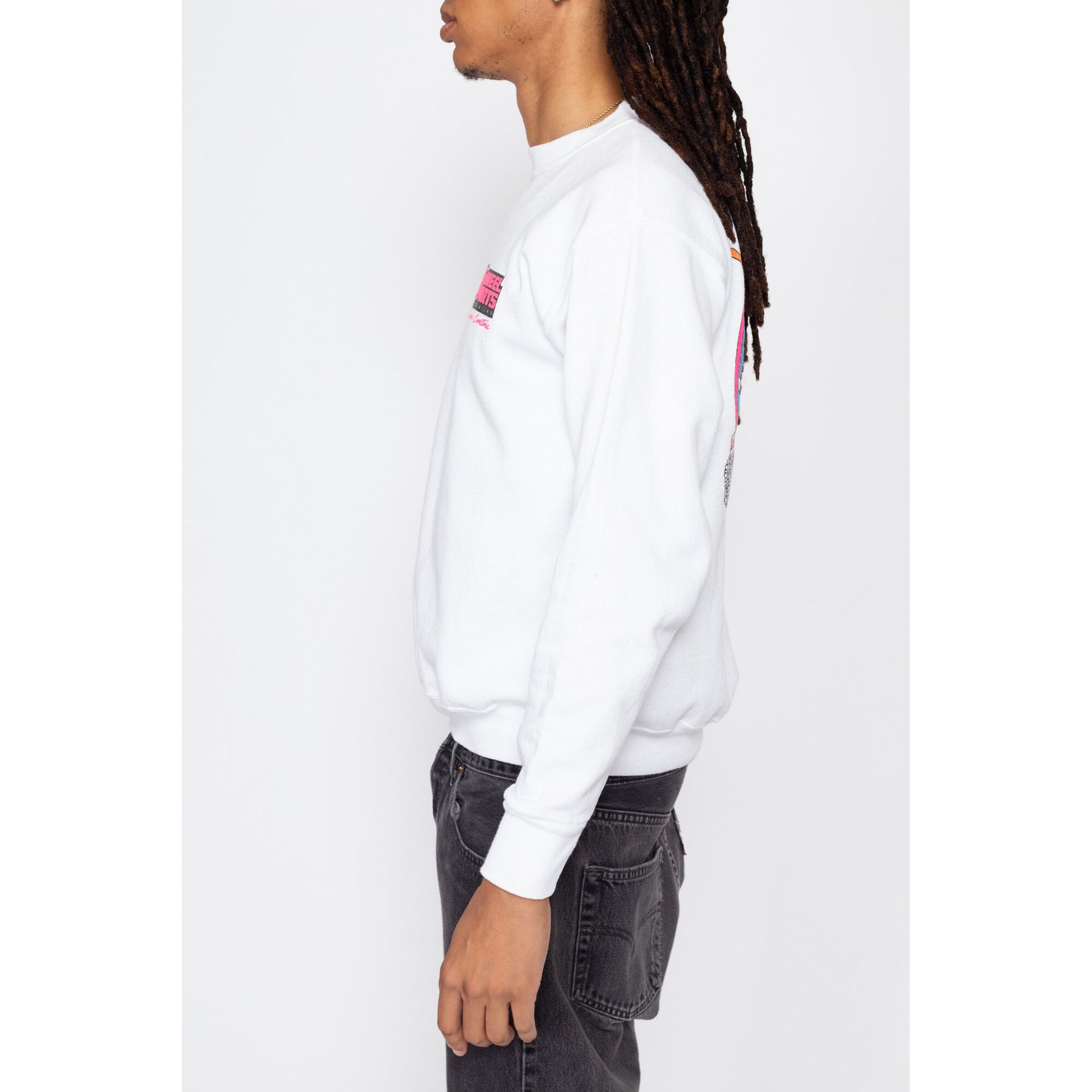 Medium 90s 4 Wheel Parts Trucker Sweatshirt | Vintage White Neon Graphic Car Crewneck
