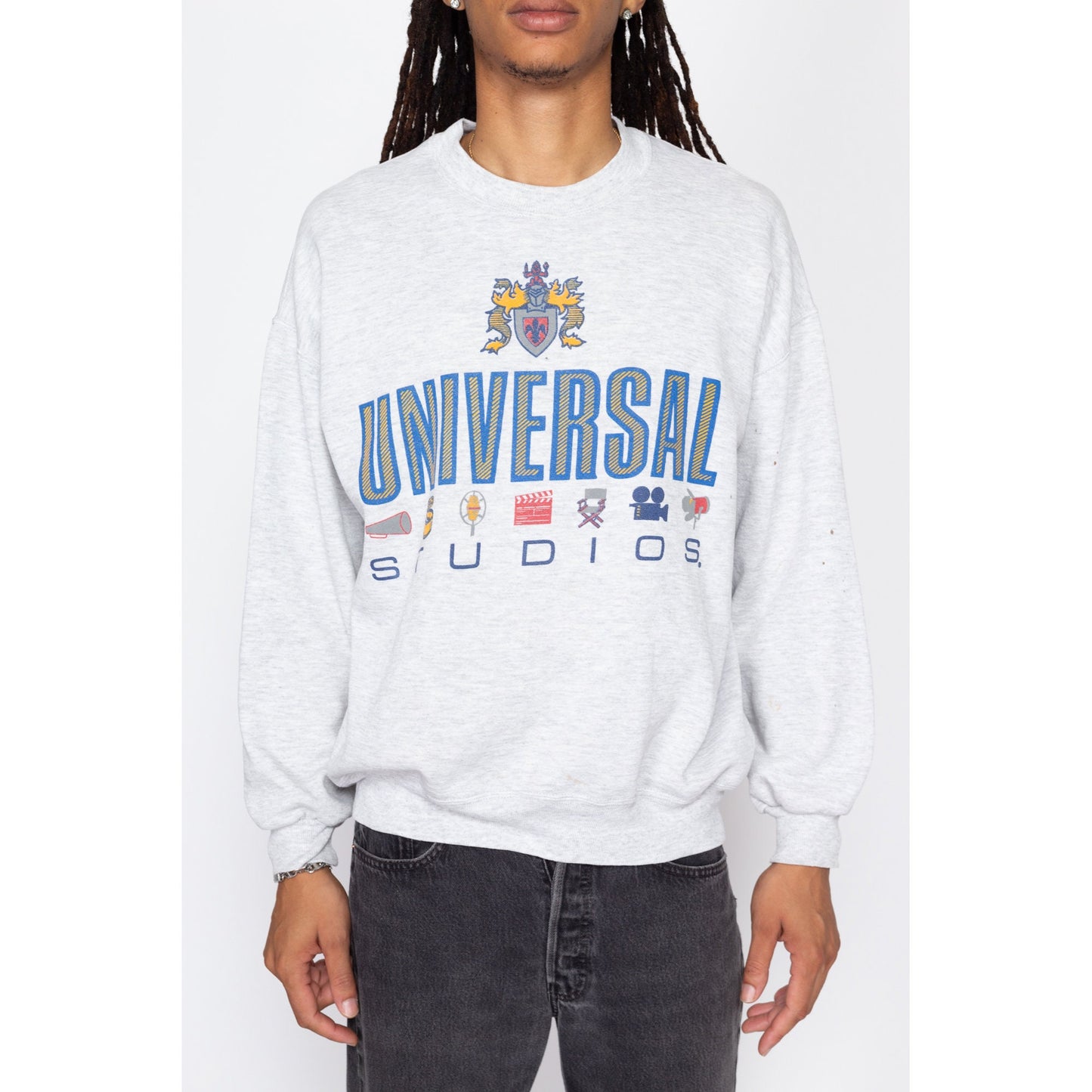 XL 90s Universal Studios Sweatshirt | Vintage Heather Grey Hollywood Movie Studio Theme Park Graphic Crewneck
