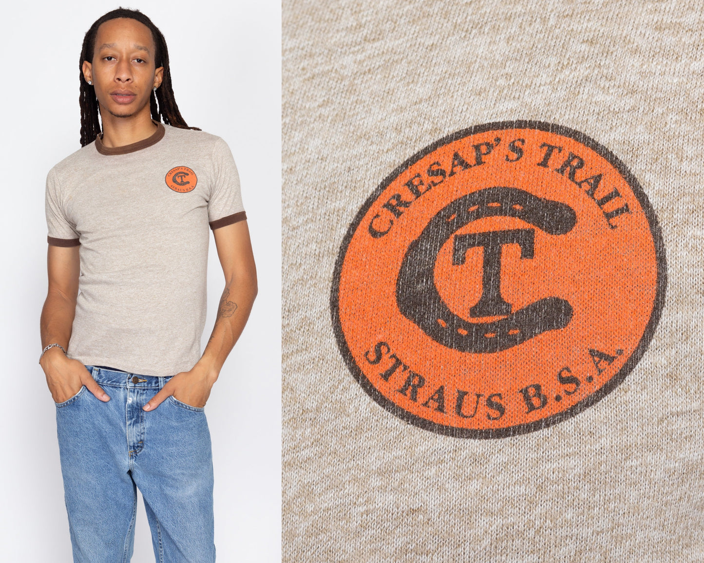 Small 80s Boy Scouts Brown Ringer T Shirt | Vintage Cresap's Trail Straus BSA Two Tone Graphic Tee