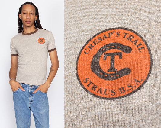 Small 80s Boy Scouts Brown Ringer T Shirt | Vintage Cresap's Trail Straus BSA Two Tone Graphic Tee