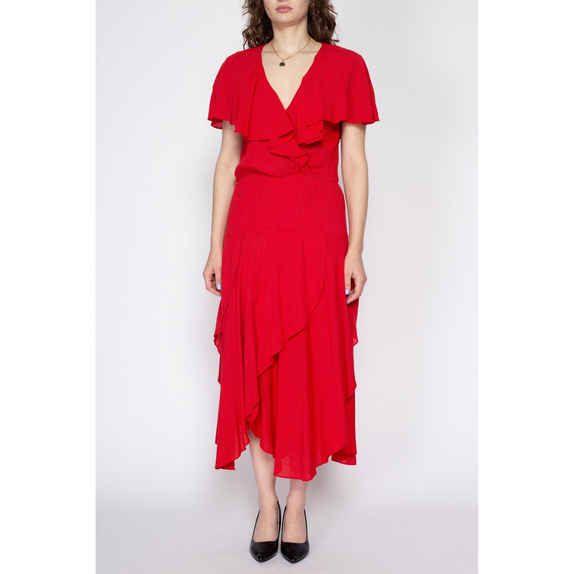 Medium 80s Red Flowy Capelet Maxi Dress | Boho Vintage Flutter Sleeve V Neck Tiered Dress