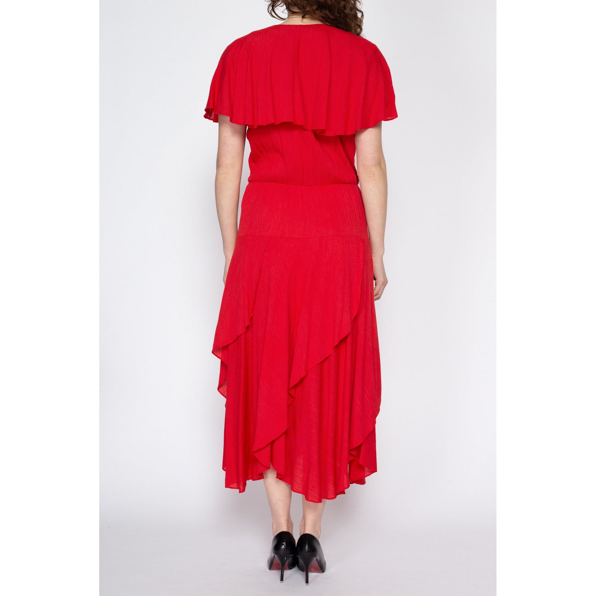 Medium 80s Red Flowy Capelet Maxi Dress | Boho Vintage Flutter Sleeve V Neck Tiered Dress
