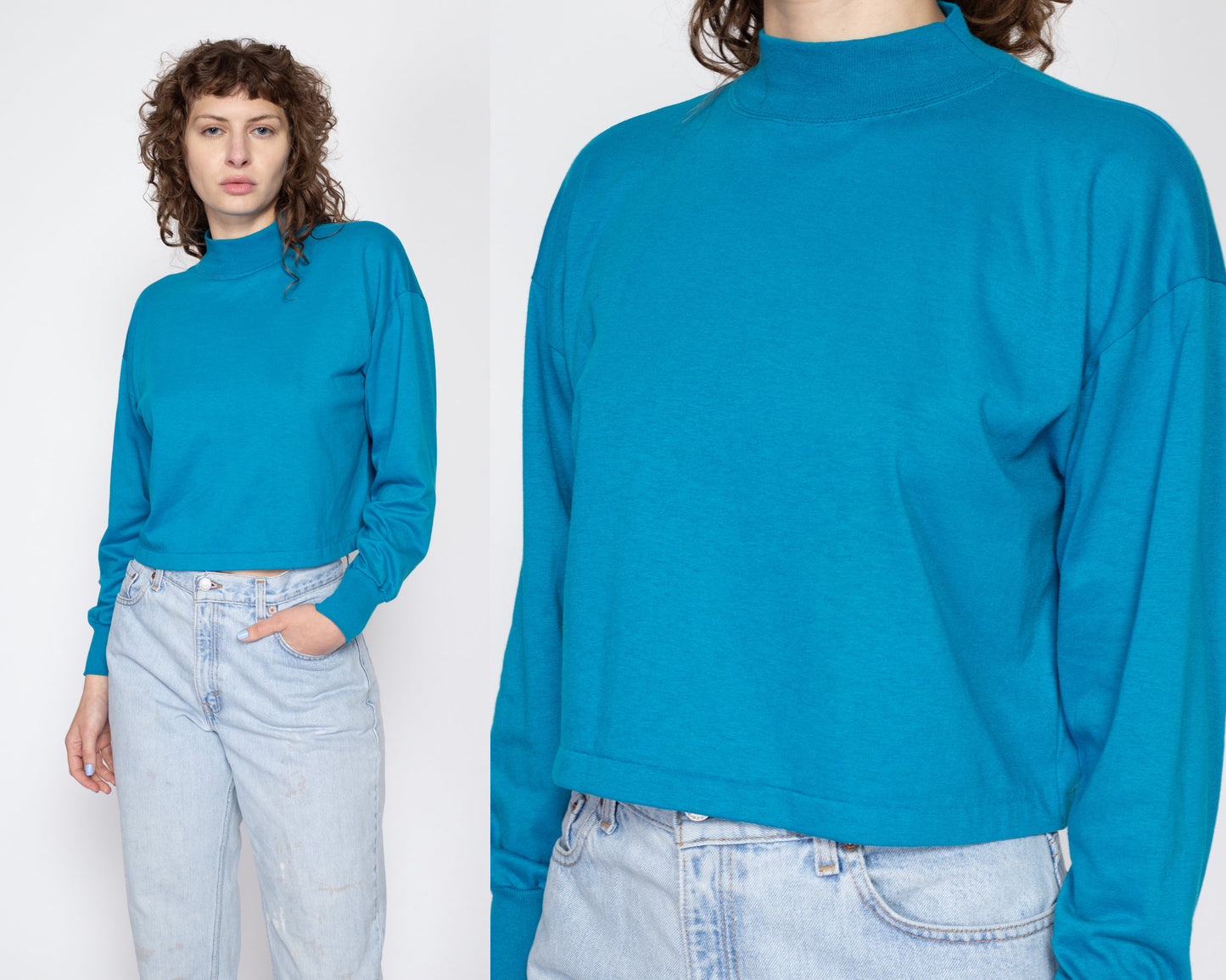 XL 80s Blue Mockneck Cropped Long Sleeve Tee | Vintage Plain High Neck Crop Top