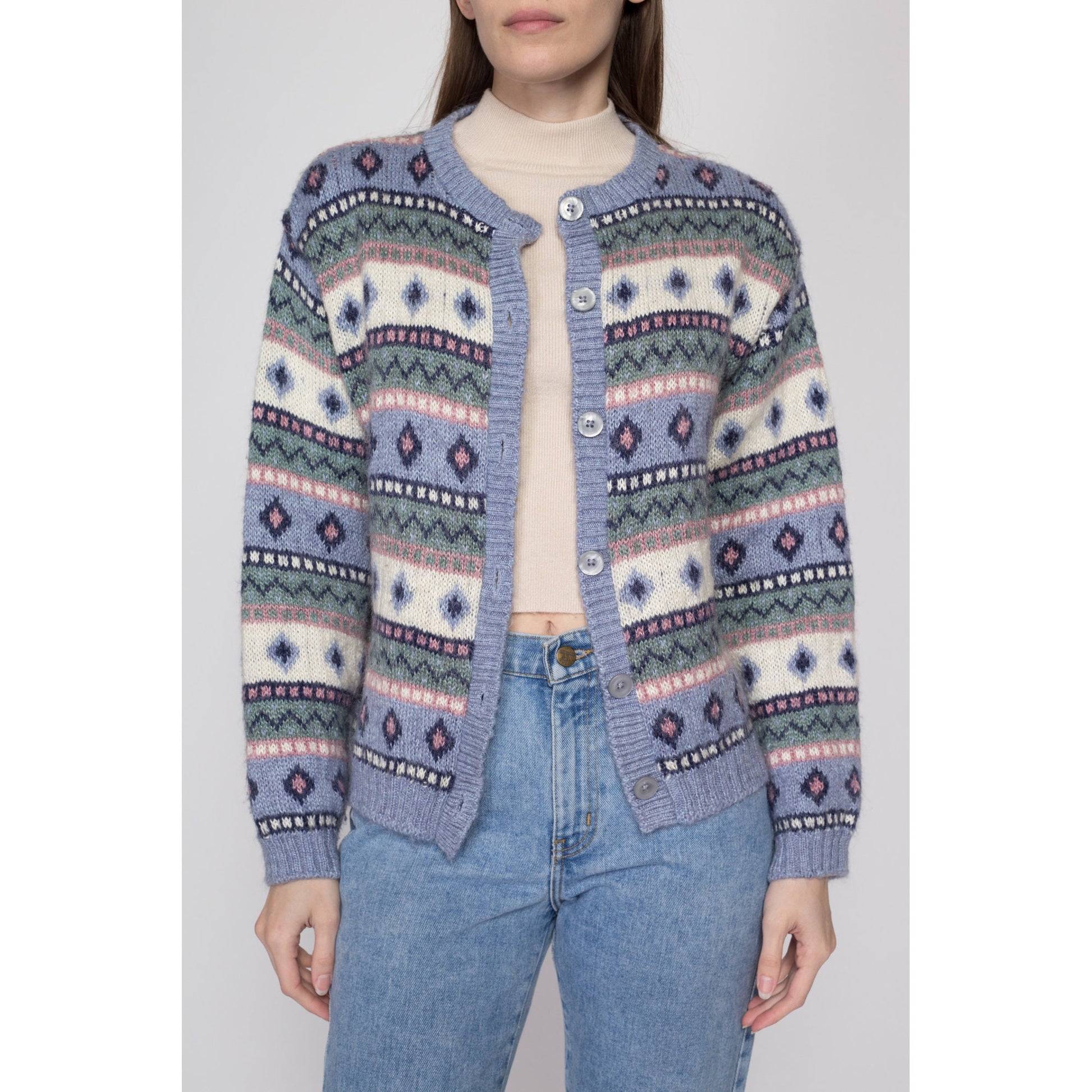 Medium 90s LL Bean Pastel Fair Isle Cardigan | Vintage Mohair Blend Button Up Striped Knit Sweater