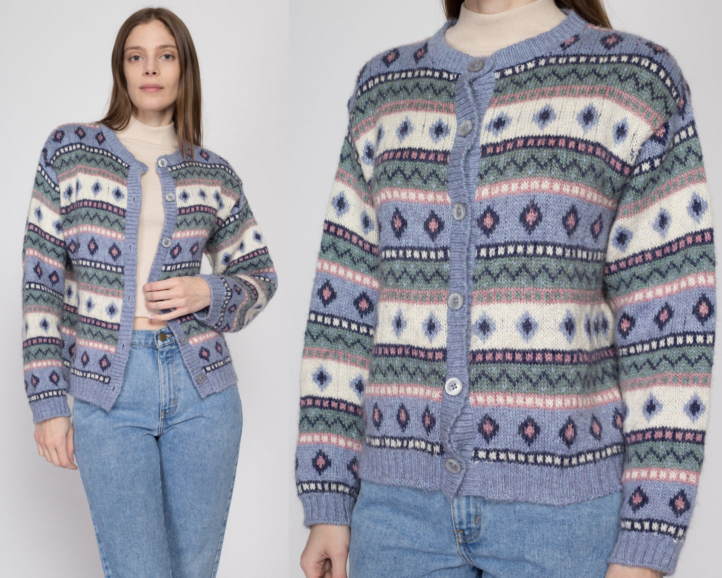 Medium 90s LL Bean Pastel Fair Isle Cardigan | Vintage Mohair Blend Button Up Striped Knit Sweater