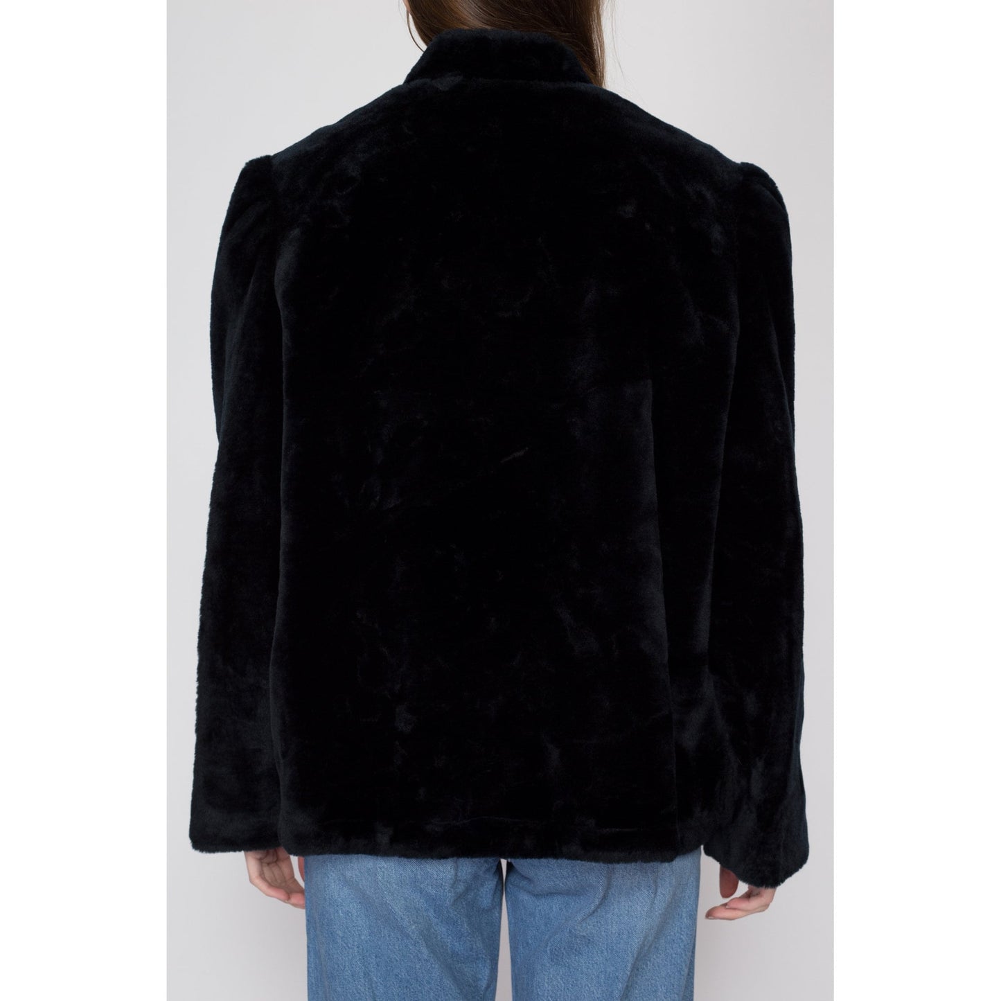 Large 70s 80s Weather Tamer Black Faux Fur Teddy Coat | Vintage Puff Sleeve Plush Windproof Jacket