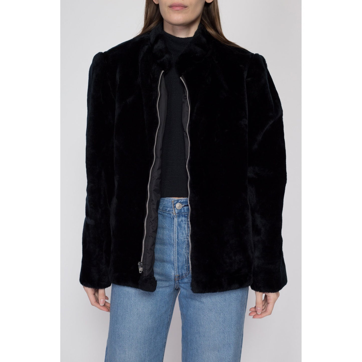 Large 70s 80s Weather Tamer Black Faux Fur Teddy Coat | Vintage Puff Sleeve Plush Windproof Jacket