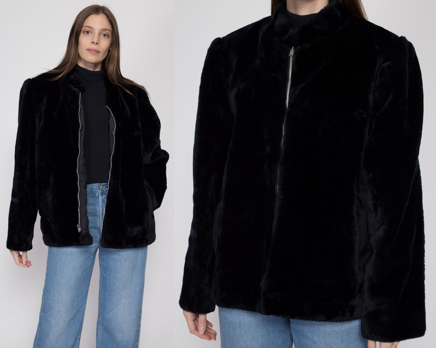 Large 70s 80s Weather Tamer Black Faux Fur Teddy Coat | Vintage Puff Sleeve Plush Windproof Jacket