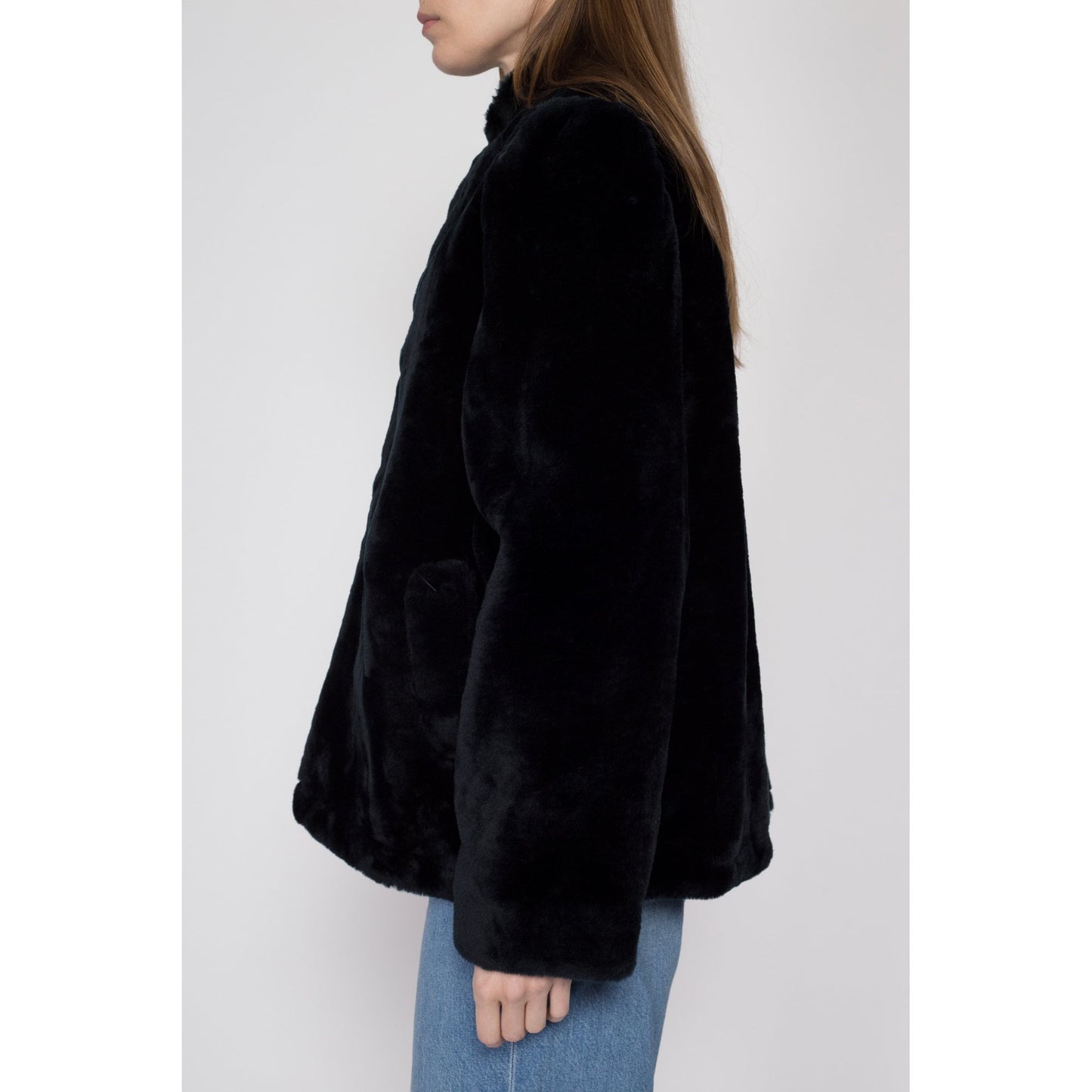 Large 70s 80s Weather Tamer Black Faux Fur Teddy Coat | Vintage Puff Sleeve Plush Windproof Jacket