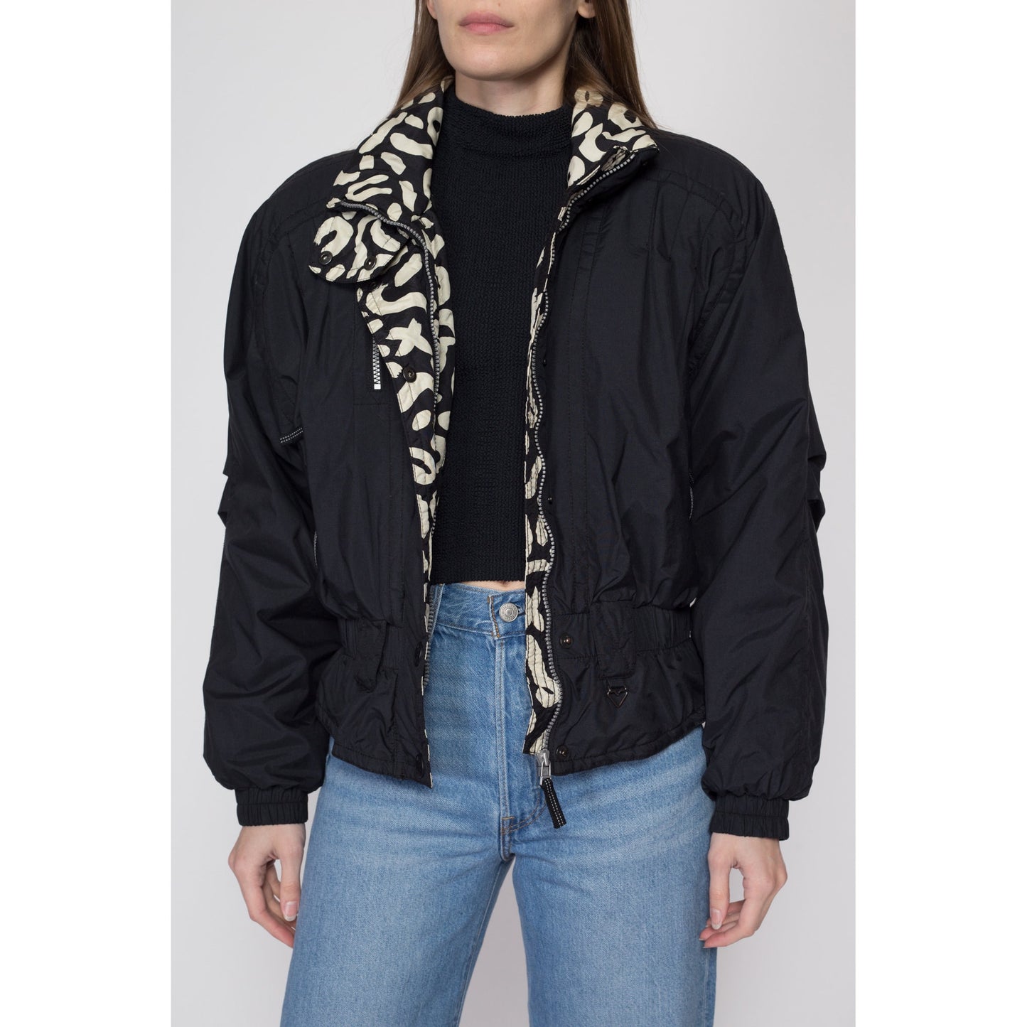 Medium 80s Black & White Obermeyer Ski Jacket | Vintage Zip Up Winter Puffy Coat