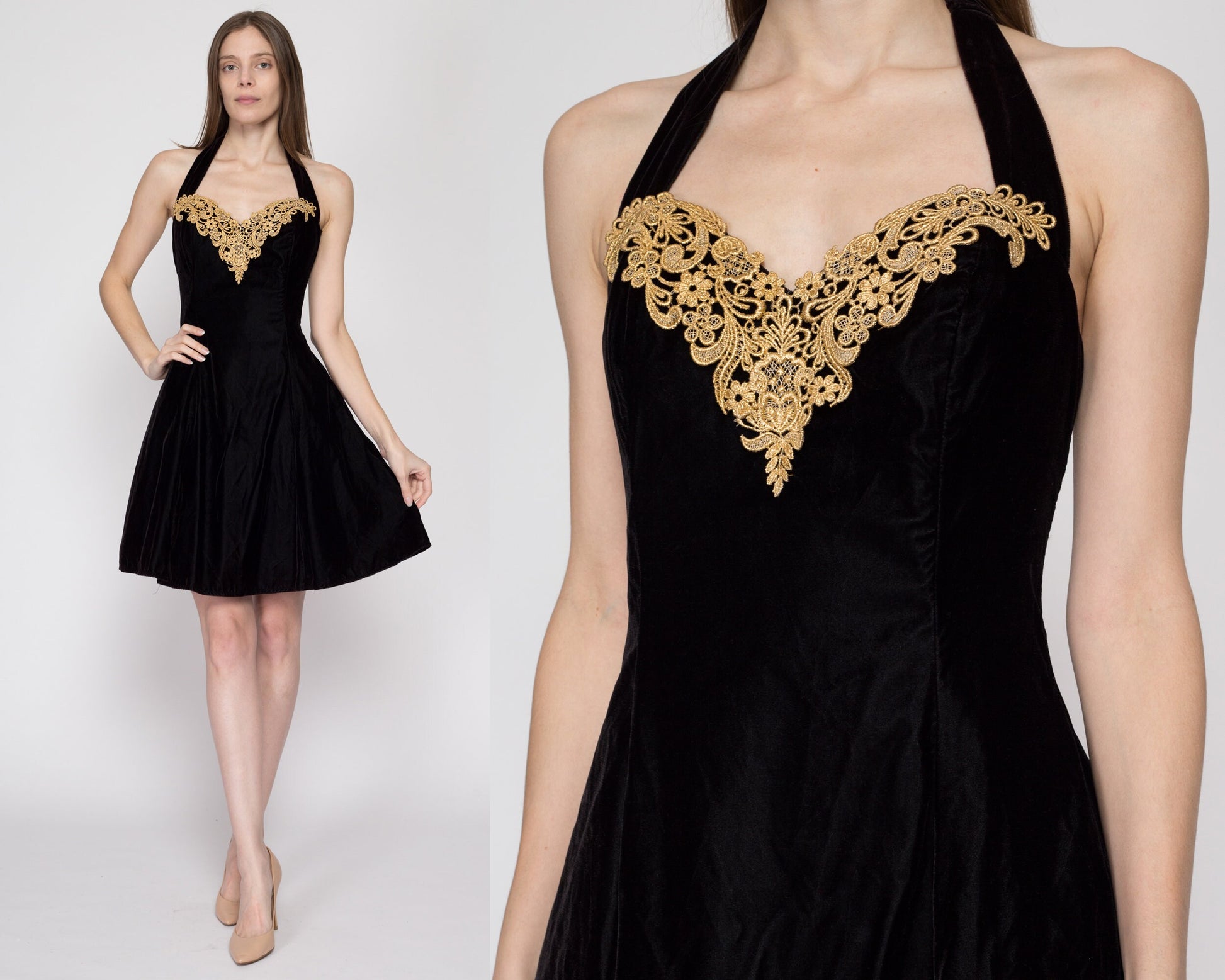 Medium 80s Black Velvet Halter Party Dress